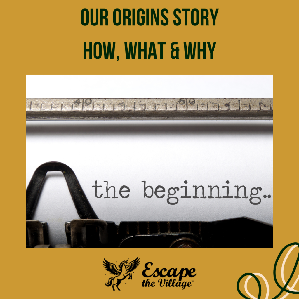 Old fashioned typewriter with the words the beginning. Title on graphic is Our Origins Story, How, What and Why