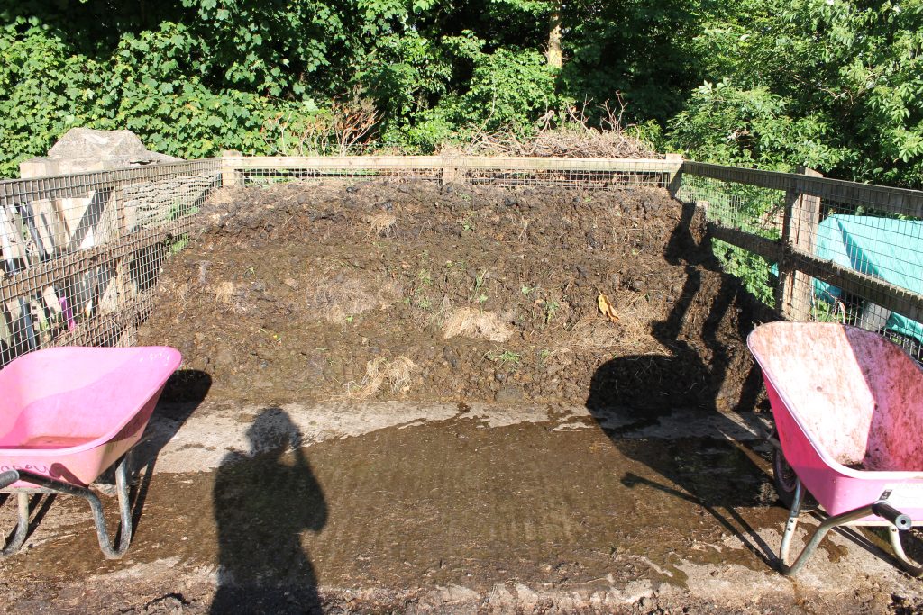 Organised and well managed muck heap with wheelbarrows safely put away.